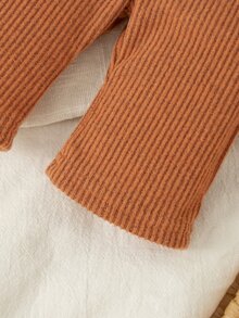 SHEIN 2件套新生女婴休闲套装，撞色翻领上衣搭配宽松针织裤，简约时尚 - 棕色 - 查看 6