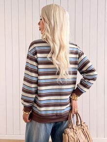 SHEIN EZwear 女款百搭學院風棕色條紋長袖圓領運動衫，返校季秋季休閒街頭穿搭旅行款 - 彩色 - 查看 2