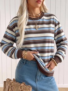 SHEIN EZwear 女款百搭學院風棕色條紋長袖圓領運動衫，返校季秋季休閒街頭穿搭旅行款 - 彩色 - 查看 5