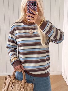 SHEIN EZwear 女款百搭學院風棕色條紋長袖圓領運動衫，返校季秋季休閒街頭穿搭旅行款 - 彩色 - 查看 3