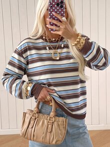 SHEIN EZwear 女款百搭學院風棕色條紋長袖圓領運動衫，返校季秋季休閒街頭穿搭旅行款 - 彩色 - 查看 4