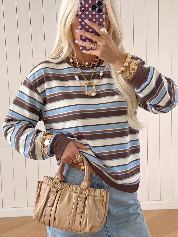 SHEIN EZwear Women's Versatile Collegiate Style Brown Stripe Long Sleeve Crew Neck Sweatshirt, Back To School, Autumn Casual Streetwear Travel - Multicolor - View 4