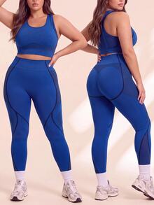 SHEIN Rhythm Era Plus Size Seamless Yoga Tank Top Cropped Pants Set,Royal Blue Summer Athletic Pilates Solid High Waist Tummy Control Lifting Fitness Workout Running - Royal Blue - View 8