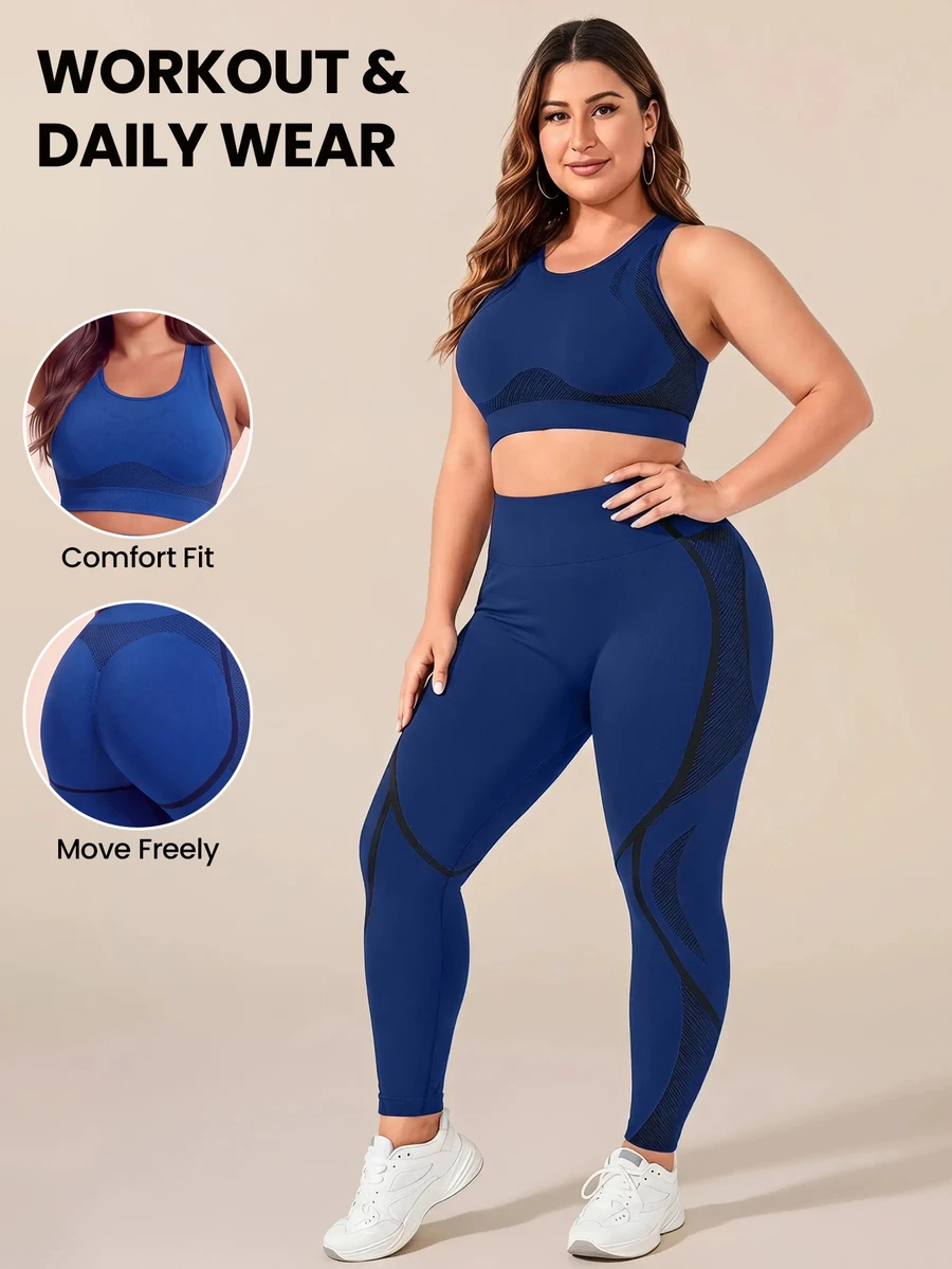 SHEIN Rhythm Era Plus Size Seamless Yoga Tank Top Cropped Pants Set,Royal Blue Summer Athletic Pilates Solid High Waist Tummy Control Lifting Fitness Workout Running - Royal Blue - View 1