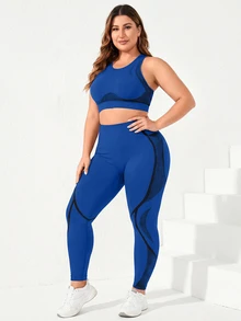 SHEIN Rhythm Era Plus Size Seamless Yoga Tank Top Cropped Pants Set,Royal Blue Summer Athletic Pilates Solid High Waist Tummy Control Lifting Fitness Workout Running - Royal Blue - View 7