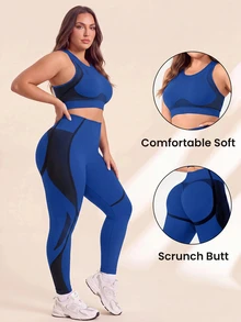 SHEIN Rhythm Era Plus Size Seamless Yoga Tank Top Cropped Pants Set,Royal Blue Summer Athletic Pilates Solid High Waist Tummy Control Lifting Fitness Workout Running - Royal Blue - View 9