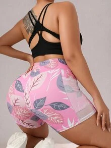 SHEIN Rhythm Era Plus Size Casual Versatile Printed Side Mesh Pocket Slim Fit Sports Shorts Gym Sports Pink Summer - Multicolor - View 3