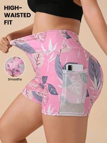 SHEIN Rhythm Era Plus Size Casual Versatile Printed Side Mesh Pocket Slim Fit Sports Shorts Gym Sports Pink Summer - Multicolor - View 1