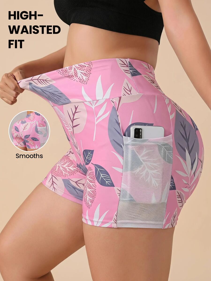 SHEIN Rhythm Era Plus Size Casual Versatile Printed Side Mesh Pocket Slim Fit Sports Shorts Gym Sports Pink Summer - Multicolor - View 1