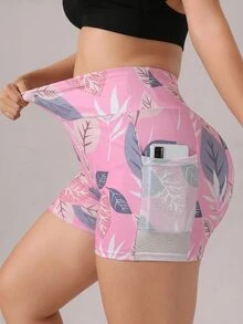 SHEIN Rhythm Era Plus Size Casual Versatile Printed Side Mesh Pocket Slim Fit Sports Shorts Gym Sports Pink Summer - Multicolor - View 5