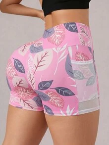 SHEIN Rhythm Era Plus Size Casual Versatile Printed Side Mesh Pocket Slim Fit Sports Shorts Gym Sports Pink Summer - Multicolor - View 2