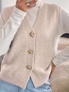 Siren Gaze Women's Street Style Starfish Metal Button V-Neck Knit Vest - Apricot - View 7