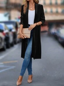 Editum Solid Open Front Coat In Fall/Winter Spring Summer Elegant - Black - View 5