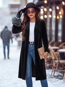 Editum Solid Open Front Coat In Fall/Winter Spring Summer Elegant - Black - View 1
