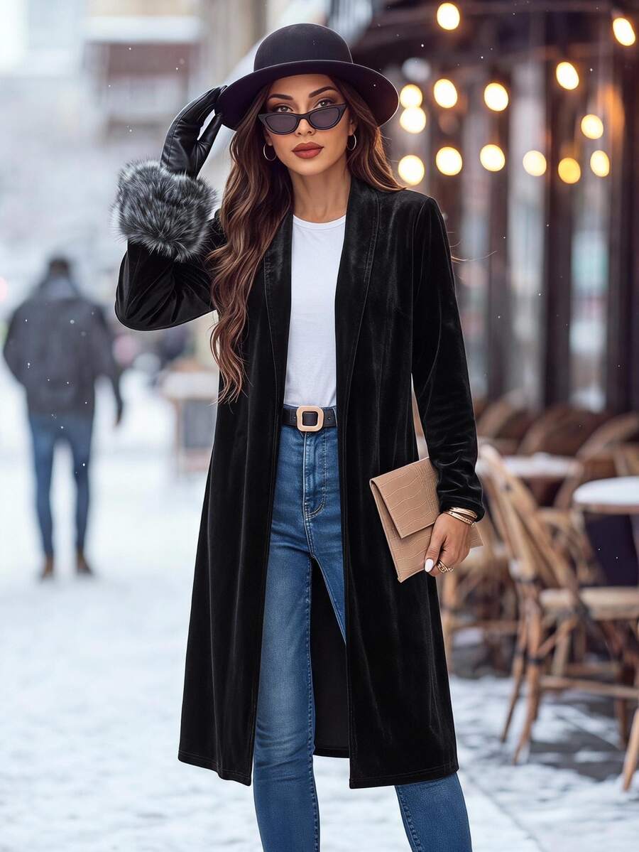 Editum Solid Open Front Coat In Fall/Winter Spring Summer Elegant - Black - View 1