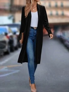 Editum Solid Open Front Coat In Fall/Winter Spring Summer Elegant - Black - View 3