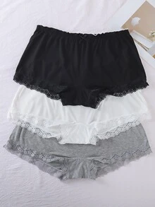 PetitDoll 3pcs/Set Plus Size Women Casual Lace Trim Waist & Hem Jersey Briefs - Multicolor - View 6