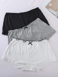 PetitDoll 3pcs/Set Plus Size Women Casual Lace Trim Waist & Hem Jersey Briefs - Multicolor - View 7