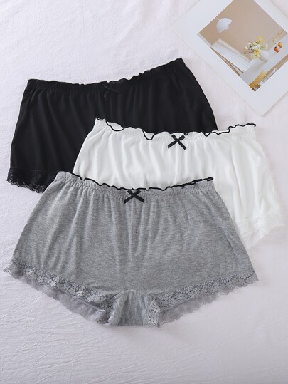 PetitDoll 3pcs/Set Plus Size Women Casual Lace Trim Waist & Hem Jersey Briefs