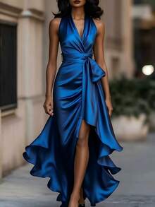 SHEIN LUNE Women's Midnight Elegant Satin Backless Sleeveless Ruffle Dress, Suitable For Evening Parties, Festivals, And Everyday Wear. - Royal Blue - View 4