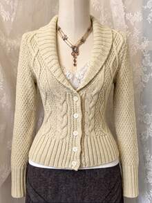 Elamini Cable Knit Shawl Collar Cardigan - Apricot - View 3