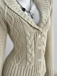 Elamini Cable Knit Shawl Collar Cardigan - Apricot - View 6
