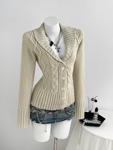 Elamini Cable Knit Shawl Collar Cardigan - Apricot - View 1