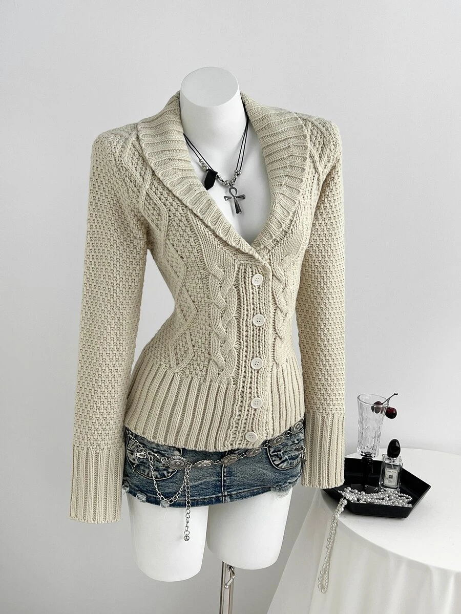 Elamini Cable Knit Shawl Collar Cardigan - Apricot - View 1