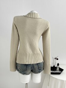 Elamini Cable Knit Shawl Collar Cardigan - Apricot - View 2