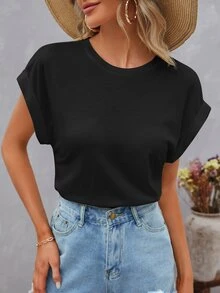 Easowa Batwing Sleeve Round Neck Tee,Casual - Black - View 1