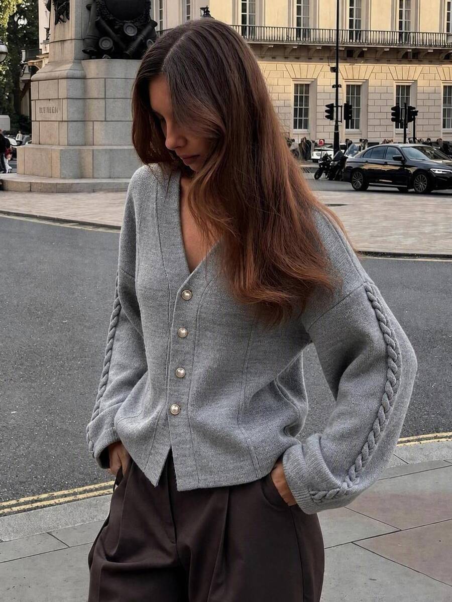 Pariaura Solid V Neck Gold Button Soft Knit Relaxed Fit Cardigan - Grey - View 1