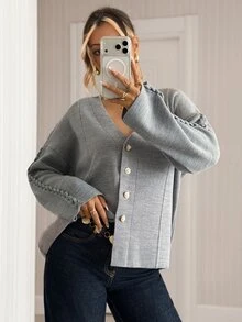 Pariaura Solid V Neck Gold Button Soft Knit Relaxed Fit Cardigan - Grey - View 6