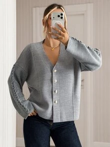 Pariaura Solid V Neck Gold Button Soft Knit Relaxed Fit Cardigan - Grey - View 3