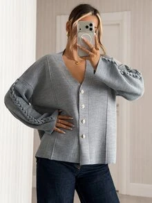 Pariaura Solid V Neck Gold Button Soft Knit Relaxed Fit Cardigan - Grey - View 4