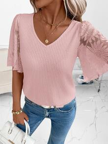 Editum Women's Elegant Dusty Pink Summer Waffle Knit Patchwork Ruffle Sleeve T-Shirt,Tea Party Versatile Short Sleeve Tops For Daily Wear,Summer Outfits - Baby Pink - View 3