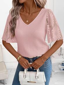 Editum Women's Elegant Dusty Pink Summer Waffle Knit Patchwork Ruffle Sleeve T-Shirt,Tea Party Versatile Short Sleeve Tops For Daily Wear,Summer Outfits - Baby Pink - View 2