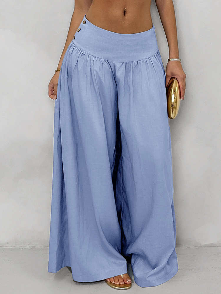 Glamine Vintage Hawaiian Low Waist Wide Leg Skorts Draped Slimming Casual Women Long Pants Beach Brunch Cornflower Blue Autumn - Baby Blue - View 1