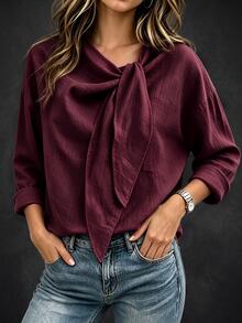 SHEIN Women's Solid Color Knotted Collar Casual Commuter Shirt - Burgundy - View 3