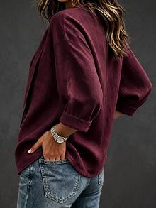 SHEIN Women's Solid Color Knotted Collar Casual Commuter Shirt - Burgundy - View 2