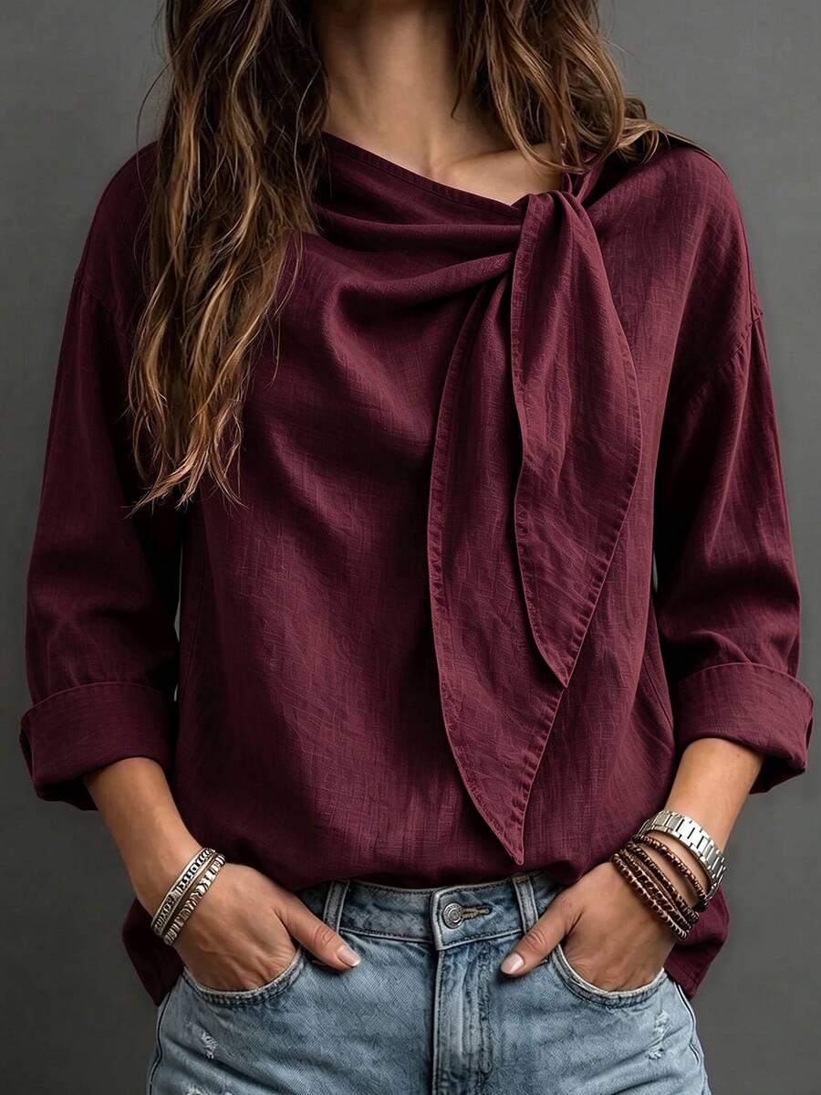 SHEIN Women's Solid Color Knotted Collar Casual Commuter Shirt - Burgundy - View 1