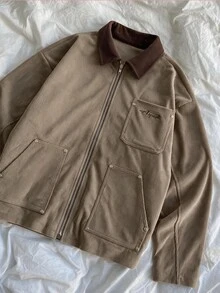 AXEPEAK Men's Fashion Embroidered Zipper Pocket Long Sleeve Jacket - Brown - View 2