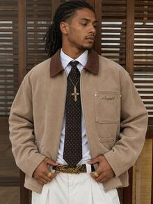 AXEPEAK Men's Fashion Embroidered Zipper Pocket Long Sleeve Jacket - Brown - View 1