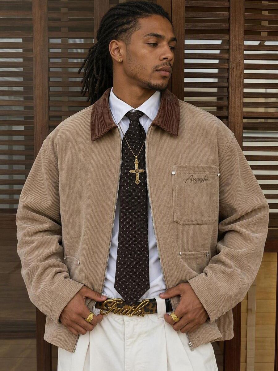 AXEPEAK Men's Fashion Embroidered Zipper Pocket Long Sleeve Jacket - Brown - View 1