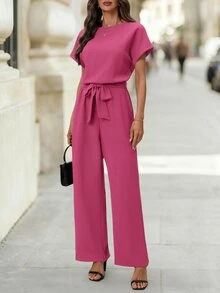 Editum Women's New Elegant Round Neck Jumpsuit With Waist Cinching, Slimming, Simple Commuter Wrinkle-Resistant Romper With Belt - Hot Pink - View 8