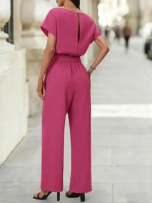 Editum Women's New Elegant Round Neck Jumpsuit With Waist Cinching, Slimming, Simple Commuter Wrinkle-Resistant Romper With Belt - Hot Pink - View 9