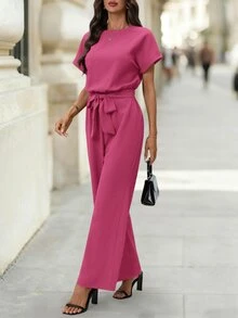 Editum Women's New Elegant Round Neck Jumpsuit With Waist Cinching, Slimming, Simple Commuter Wrinkle-Resistant Romper With Belt - Hot Pink - View 3