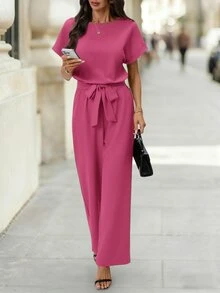 Editum Women's New Elegant Round Neck Jumpsuit With Waist Cinching, Slimming, Simple Commuter Wrinkle-Resistant Romper With Belt - Hot Pink - View 5
