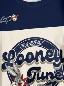 LOONEY TUNES X SHEIN 大码休闲撞色字母图案圆领短袖T恤，夏季 - 白色 - 查看 5