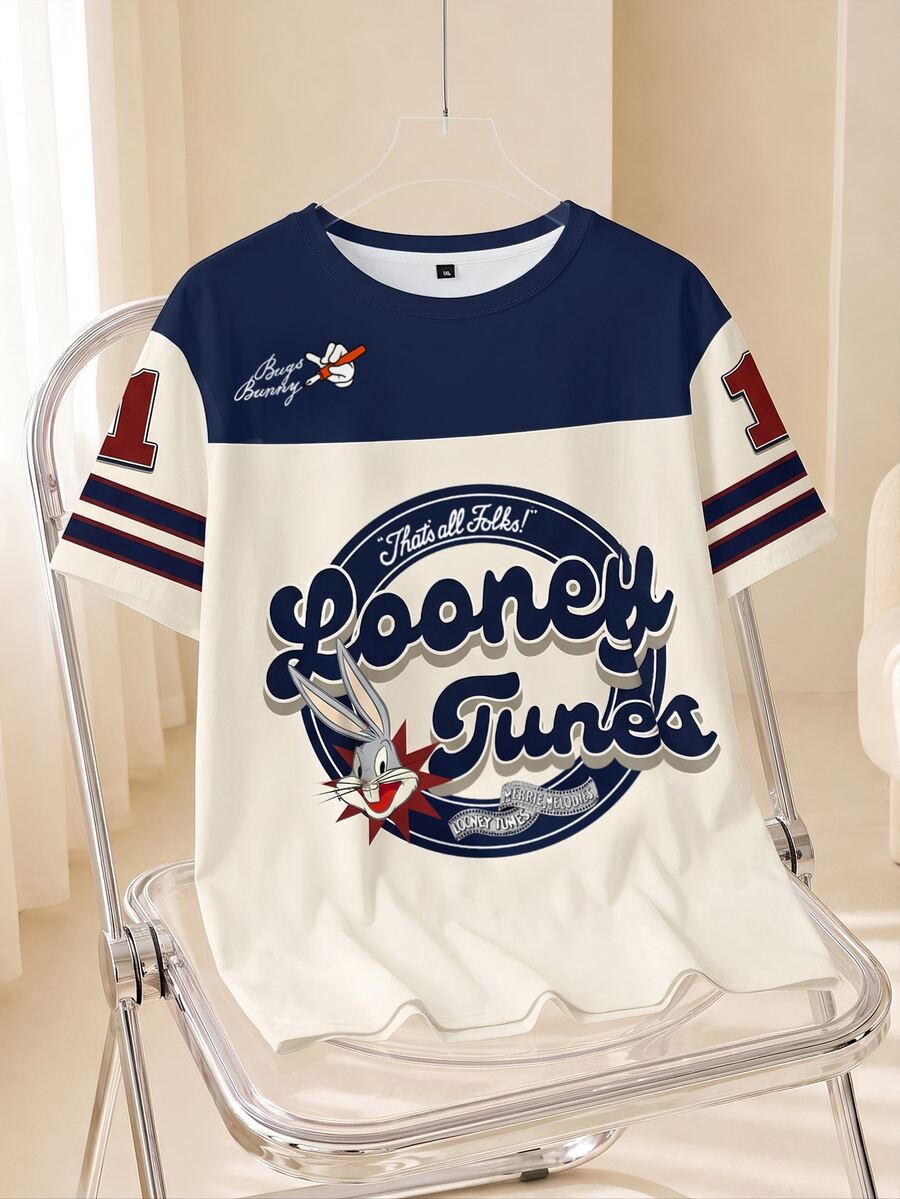LOONEY TUNES X SHEIN 大码休闲撞色字母图案圆领短袖T恤,夏季 - 白色 - 查看 1