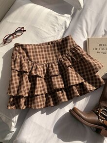 Comfortcana 女款 1960s 復古 70s 時尚格子多層荷葉邊下擺裙 約會校園風 棕色格子 秋季 - 棕色 - 查看 6